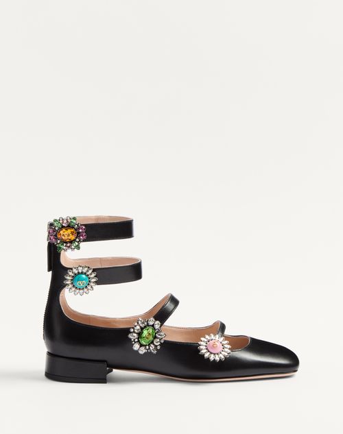 Valentino Garavani - Preshoes Ballerinas With Straps In Kidskin With Jewel Buttons 20mm - Black/crystal/multicolour - Woman - Ballerinas