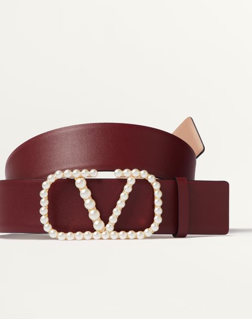 Valentino Garavani - Vlogo Signature Reversible Belt In Shiny Calfskin With Pearls 40 Mm - Rose Cannelle/maroon - Woman - Belts