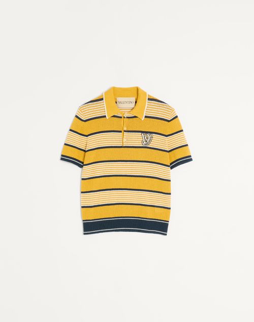 Valentino - Long-sleeved Linen And Cotton Polo Shirt With Vg Patch - Yellow/blue - Man - Knitwear