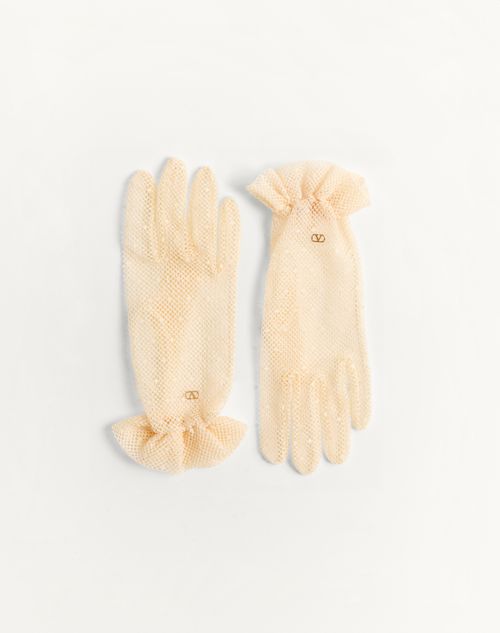 Valentino Garavani - Vlogo Signature Gloves In Cotton And Tulle - Birch/gold - Woman - Hats And Gloves
