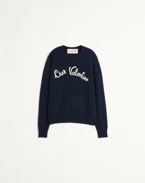 Valentino - Wool Crewneck Sweater With Chez Valentino Embroidery - Indigo - Man - Knitwear