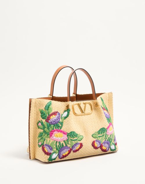 Valentino Garavani - Medium Shopping Bag In Raffia With Floral Embroidery - Natural/multicolor - Woman - Gifts For Her