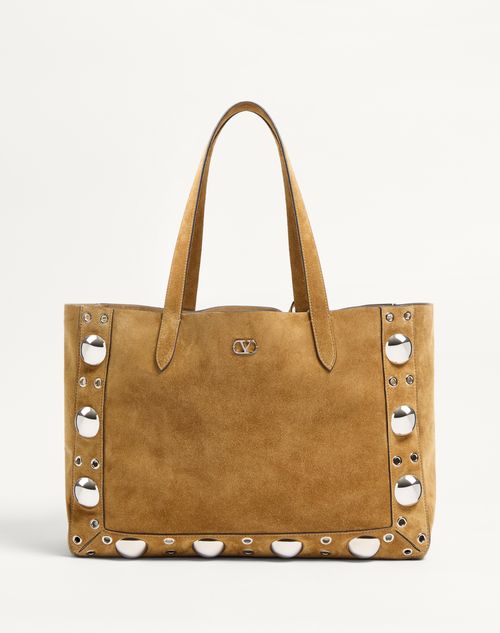 Valentino Garavani - Valentino Garavani Medium Nellcôte Suede Shopping Bag - Havana Beige - Woman - Totes