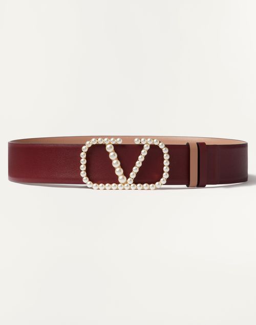 Valentino Garavani - Vlogo Signature Reversible Belt In Shiny Calfskin With Pearls 40 Mm - Rose Cannelle/maroon - Woman - Belts