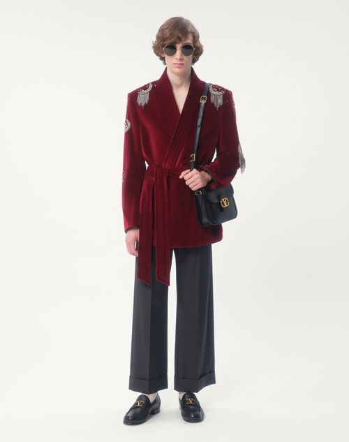 Valentino - Cotton Velvet Belt Jacket With Rhinestone And Bead Embroidery - Crimson - Man - Coats And Blazers