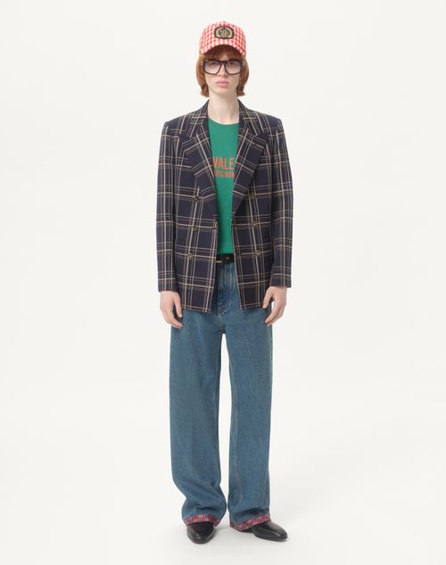 Valentino - Double-breasted Wool And Cotton Jacket With Check Pattern - Navy/grey - Man - Coats And Blazers