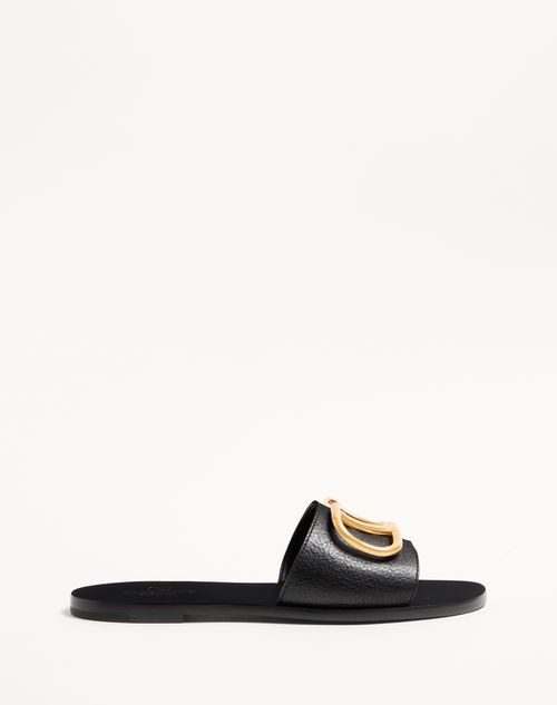 Valentino Garavani - Slider-sandalen Vlogo Signature Aus Gekörntem Rindsleder Mit Accessoire - Schwarz - Frau - Pantoletten Und Zehentrenner