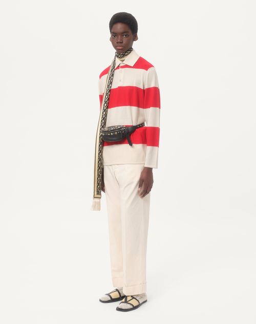 Valentino - Long-sleeved Polo Shirt In Striped Wool With Chez Valentino Print - Butter/red - Man - Knitwear