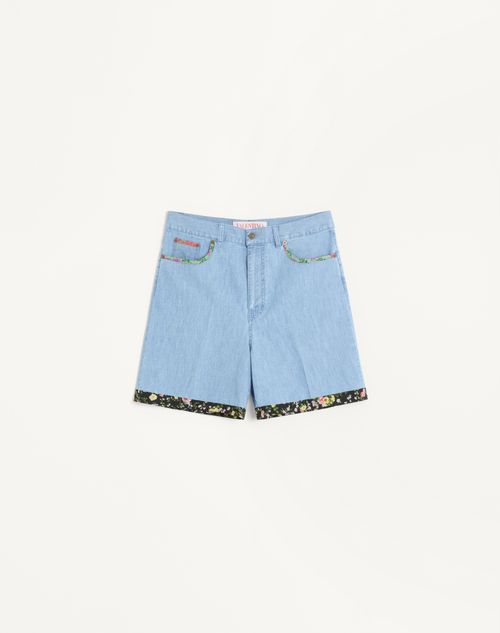 Valentino - Denim Bermuda Shorts With Floral Print Hem - Denim - Man - Shelf - Mrtw - Formalwear & Evening W1