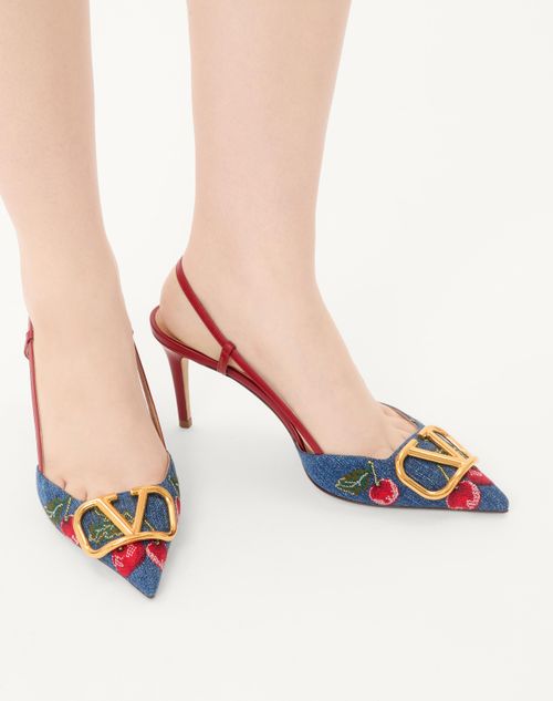 Valentino Garavani - Vlogo Signature Slingback Pumps In Denim With Cherryfic Embroidery 80mm - Denim/multicolour - Woman - Pumps