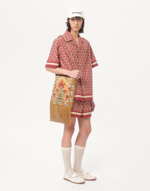 Valentino Garavani - Valentino Garavani Nellcôte Shoulder Bag In Jacquard Fabric With Fringes - Havana Beige/multicolor - Man - Shoulder Bags